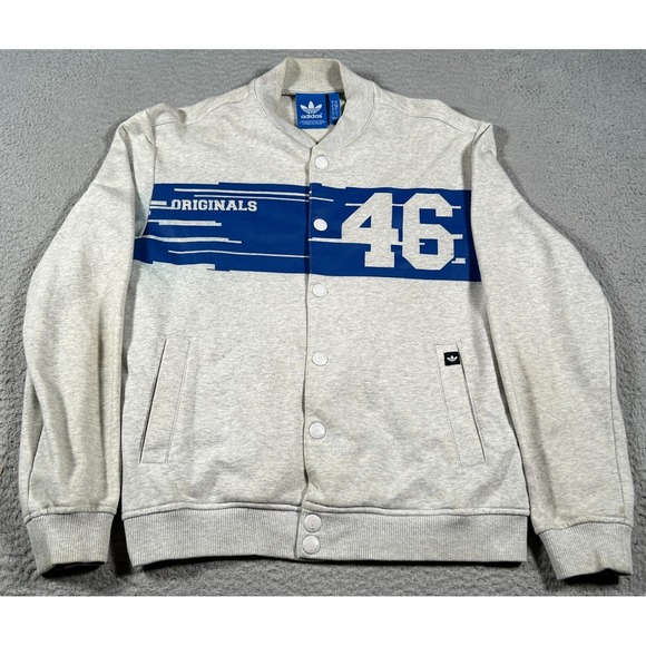 Adidas Varsity Jacket Mens Small Gray Graphic Snap Front NBA New York Knicks - Picture 1 of 15